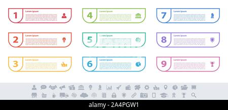 Infografik design Business Konzept Vector Illustration mit 9 Schritte und Optionen oder Prozesse, Arbeitsabläufe oder Diagramm oder Web button Banner dar Stock Vektor