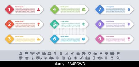 Infografik design Business Konzept Vector Illustration mit 9 Schritte und Optionen oder Prozesse, Arbeitsabläufe oder Diagramm oder Web button Banner dar Stock Vektor