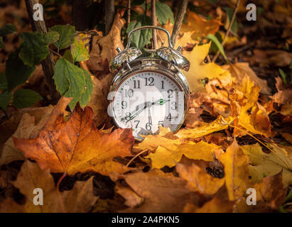 An alarm clock in midst colourful autumn leaves, end of summer time / daylight saving concept Stockfoto