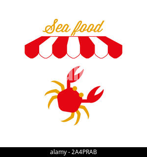 Sea Food Restaurant- bzw. Zeichen, Emblem. Rot-weiß gestreiften Markise Zelt. Krabben oder Hummer. Goldene und rote Farben. Flache Darstellung. Stockfoto