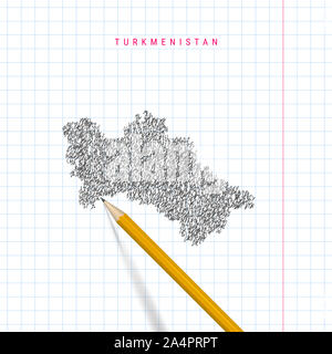 Turkmenistan Skizze scribble Karte auf karierten Schule notebook Papier Hintergrund dargestellt. Hand gezeichnete Karte von Turkmenistan. Realistische 3D-Bleistift. Stockfoto