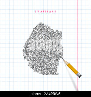 Swasiland Skizze scribble Karte auf karierten Schule notebook Papier Hintergrund dargestellt. Hand gezeichnete Karte von Eswatini. Realistische 3D-Bleistift mit Gummi. Stockfoto