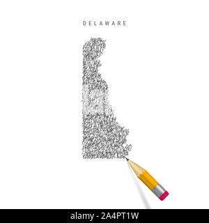 Delaware Skizze scribble Karte auf weißem Hintergrund. Hand gezeichnete Karte von Delaware. Realistische 3D-Bleistift mit Gummi. Stockfoto