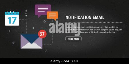 Benachrichtigungs-E-Mail, Banner, Internet mit Symbolen in Vektor. Web Banner Vorlage für Website, banner Internet für mobile Design und Social Media App. Busi Stock Vektor