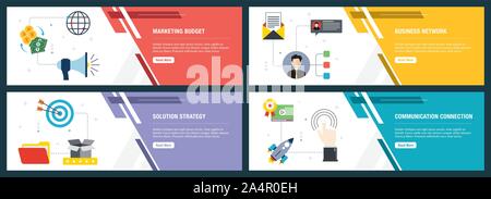 Vektor einrichten der vertikalen Web Banner mit Marketing Budget, Business Netzwerk, Lösung Strategie, Kommunikation. Vektor banner Vorlage für Website und m Stock Vektor