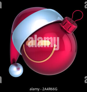 Funny Christmas Ball lächelnd den Kopf Santa Hut avatar Dekoration rot emoji. Tag des neuen Jahres christbaumkugel Happy Face Emoticon. 3d-Abbildung auf Schwarz isoliert Stockfoto