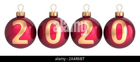 Frohes Neues Jahr Christmas Ball Dekoration 2020 rot mit goldenen Datum zahlen 20. Merry Xmas Grußkarte design Element. 3D-Rendering Stockfoto