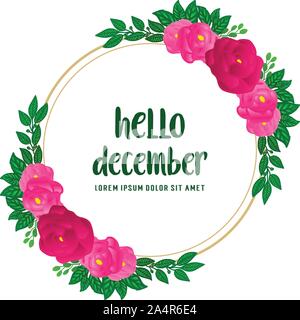 Poster Text hallo Dezember, mit grünen Blättern Rahmen Hintergrund und rosa Rose Blume. Vektor Stock Vektor