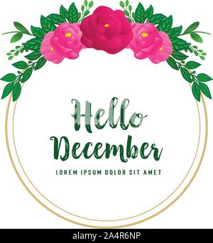 Poster Text hallo Dezember, mit grünen Blättern Rahmen Hintergrund und rosa Rose Blume. Vektor Stock Vektor