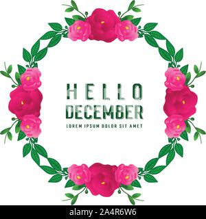 Poster Text hallo Dezember, mit grünen Blättern Rahmen Hintergrund und rosa Rose Blume. Vektor Stock Vektor