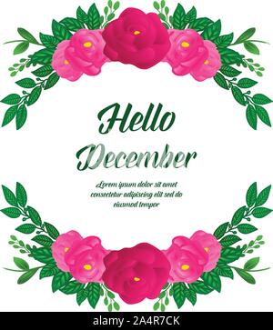 Poster Text hallo Dezember, mit grünen Blättern Rahmen Hintergrund und rosa Rose Blume. Vektor Stock Vektor