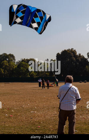 DELHI, INDIEN, Menschen Drachenfliegen am India Gate Rasen während der jährlichen Drachenfest in Neu Delhi Stockfoto