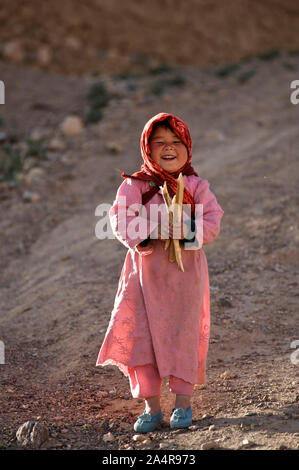 Eine junge afghanische Mädchen, dass einige Brennholz, lächelt in die Kamera, in der Ortschaft Rag-e-Shad, am Stadtrand von Bamian Stadt, Provinz Bamyan, Afghanistan. 11. Mai 2009. Stockfoto