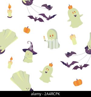 Vektor nahtlose Muster mit lächelnden Geister, Kürbisse, Kerzen und Fledermäuse auf einem weißen Hintergrund. Endlose Textur. Vorlage für Grußkarten ein Stock Vektor