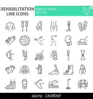 Rehabilitation line Icon Set, Therapie Symbole Sammlung, Vektor logo Skizzen, Illustrationen, Physiotherapie Zeichen lineare Piktogramme Paket isoliert Stock Vektor