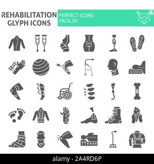 Rehabilitation glyph Icon Set, Therapie Symbole Sammlung, Vektor logo Skizzen, Illustrationen, Physiotherapie Zeichen solide Piktogramme Paket isoliert Stock Vektor