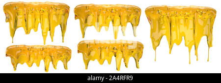 3D-Darstellung der gelbe Flüssigkeit tropft Vorlage für Honig, pflanzliches Öl, Kaffee, Motor oder flüssigen Serum isoliert auf weißem Hintergrund mit Clipping p Stockfoto