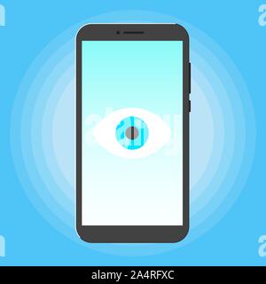 Big Brother Konzept. Smart phone Spionage mit großen Augen auf dem Bildschirm auf hellblauem Hintergrund Flat Style Design Vector Illustration isoliert. Stock Vektor