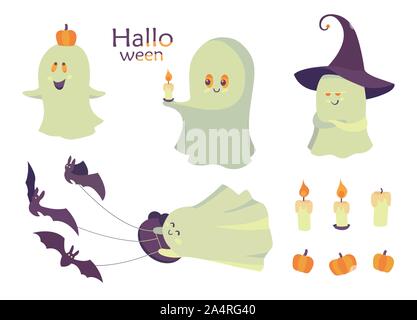 Cute Vector Illustration. Eingestellt von lächelnden Geister, orange Kürbisse, Kerzen und lila Fledermäuse auf einem weißen Hintergrund. Clip Art für Halloween Desig Stock Vektor