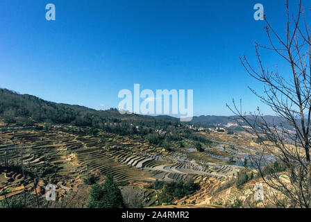 Kleines Dorf und Terraced Rice Fields von YuanYang, China am Morgen Stockfoto