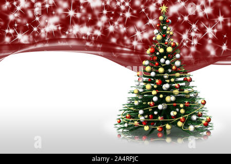 3D-Darstellung. Weihnachten. Dekorierte Tanne, roter Hintergrund mit Sternen. Platz für Text. Stockfoto