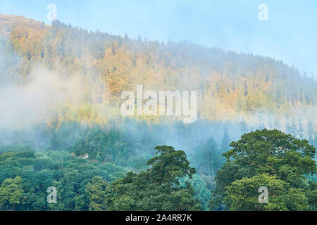 Dawn Cloud beginnt, scheint die Sonne durch den Nebel über einem Waldgebiet am See Bassenthwaite Lake District, Cumbria, England zu zerstreuen. Stockfoto