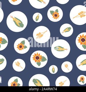 Herbst, Herbst, Ernte, Ernte, Hintergrund. Polka Dots mit Mais, Sonnenblumen, Weizen Pflanzen nahtlose Vektor Muster wiederholen. Verwenden Sie für Thanksgiving Stock Vektor