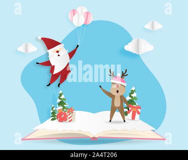Frohe Weihnachten und guten Rutsch ins neue Jahr Grußkarte in Papier schneiden Stil. Vector Illustration Weihnachtsfeier Hintergrund mit Santa Claus und r Stock Vektor