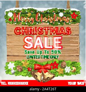 Weihnachten Verkauf Banner auf hängende Holz board Stock Vektor