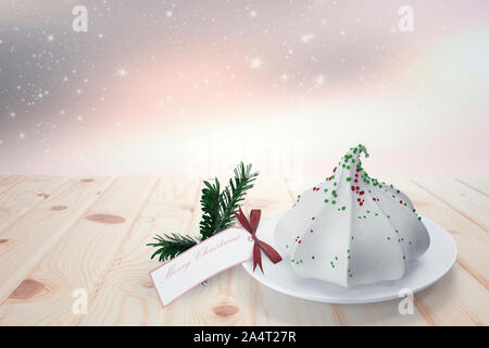 Weihnachtskarte mit einem Bild von einer Geburtstagstorte. 3D-Rendering. Stockfoto