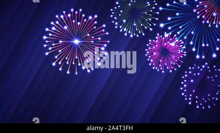 Frohes Neues Jahr festliche Feuerwerke hellen Hintergrund. Vector Illustration der abstrakten leuchtende Neon farbigen Feuerwerk über dem blauen Hintergrund für Ihr Design Stock Vektor