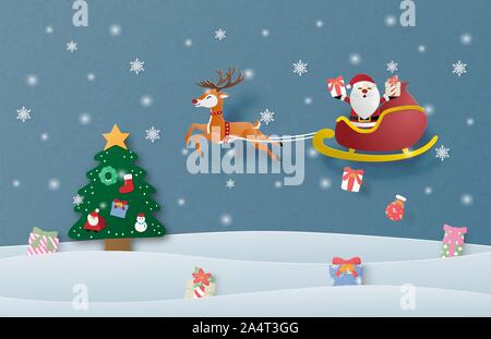 Frohe Weihnachten und guten Rutsch ins neue Jahr Grußkarte in Papier schneiden Stil. Vector Illustration Weihnachtsfeier Hintergrund. Hintergrund, Banner, Flyer, POS Stock Vektor