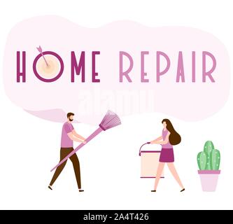 Vector Illustration mit Menschen mit Tools für Malerarbeiten, Reparatur Inschrift. Malerei, Reparatur von Räumlichkeiten. Gebäude, Bau, home Stock Vektor