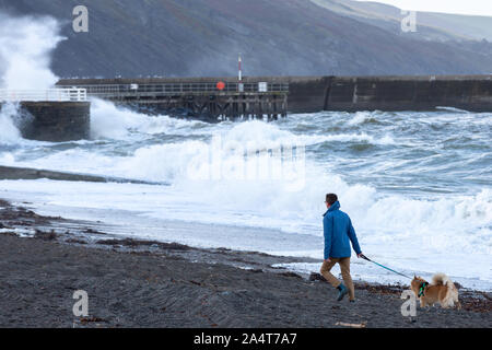 Aberystwyth, Ceredigion, Wales, UK. 16 Okt, 2019. UK Wetter: windigen Morgen mit Sonnenschein in Aberystwyth als Mann Spaziergänge am Strand, während die Wellen gegen das Meer die Abwehrkräfte. Credit: Ian Jones/Alamy leben Nachrichten Stockfoto