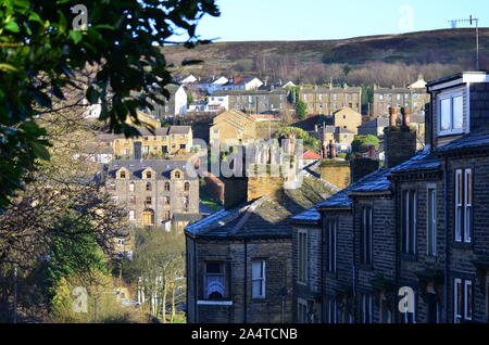 Häuser an der Bergseite, Haworth, Yorkshire Stockfoto