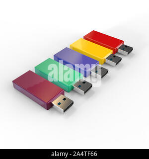 Farbenfrohe USB-Sticks Sammlung, isoliert, 3D-Rendering. Stockfoto