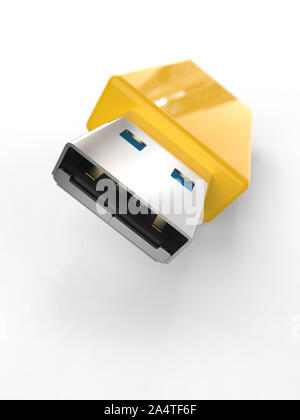 Gelb USB-Pen Drive, isoliert, Nahaufnahme, 3D-Rendering. Stockfoto