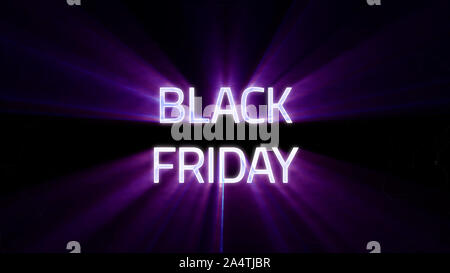 Schwarzer Freitag Verkauf auf Double Line, Glänzende strahlen Schleife am Rande der Text über einen Hintergrund mit wirbelnden und fließende Sterne Stockfoto