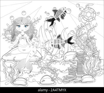 Malbuch für Kinder: Die kleine Meerjungfrau und Sea World. Stockfoto