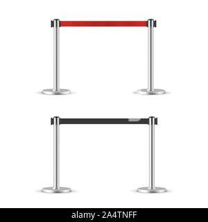 Gurtabroller stanchion eingestellt. Tragbare ribbon Barriere. Schwarz und Rot fechten Band. Stock Vektor