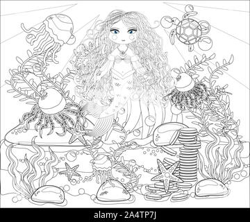 Malbuch für Kinder: Die kleine Meerjungfrau und Sea World. Stockfoto