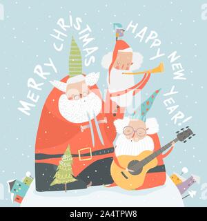 Lustige Weihnachtsmänner die Musikinstrumente. Frohe Weihnachten Stock Vektor