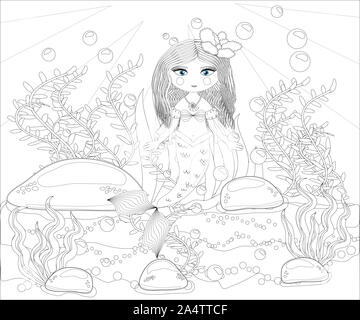 Malbuch für Kinder: Die kleine Meerjungfrau und Sea World. Stockfoto