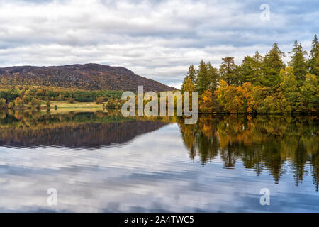 15. Oktober 2019. Loch Alvie, Aviemore, Highlands, Schottland, UK. Dies ist Loch Alvie spiegeln die Farben des Herbstes in den letzten Stunden des Tageslichts. Stockfoto