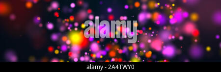 Computer generiert viele der bunten Flecken Groß und Klein mit Bokeh auf schwarzem Hintergrund. Widescreen 3D-Rendering Stockfoto