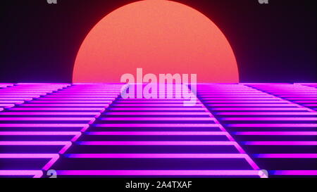 Futuristische neon Landschaft der 80er Jahre. Computer-generierte futuristische Sonne im Retro Style. 3D-Rendering abstrakt Hintergrund. Stockfoto