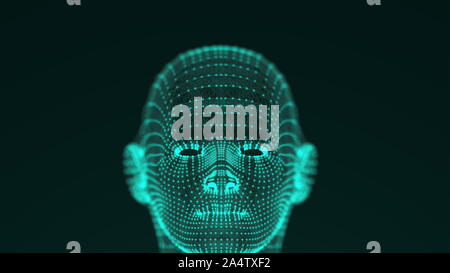 Viele Punkte und dünne Fäden bilden eine helle futuristische Form des Kopfes einer Person oder einen Roboter auf schwarzen Hintergrund. Computer generierten 3D-Rendering Stockfoto