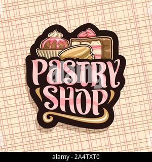 Vektor logo für Konditorei, schwarz mit eingepackt cocoa Dessert, Schneiden von Obst Kuchen, Schokolade Glasur mit Erdbeere und französischen Makronen, o Stock Vektor