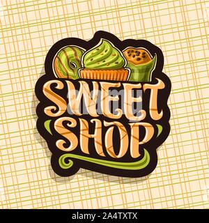 Vektor logo für Sweet Shop, dunkle Zeichen mit Französisch grün Donut, cupcake mit Minze Creme und wickelte Muffins mit Schokoladenstückchen, original Bürstentyp Stock Vektor