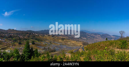 Panoramablick auf den Kleinen Dorf und Terrassenförmigen Reisfeldern von YuanYang, China am Morgen Stockfoto
